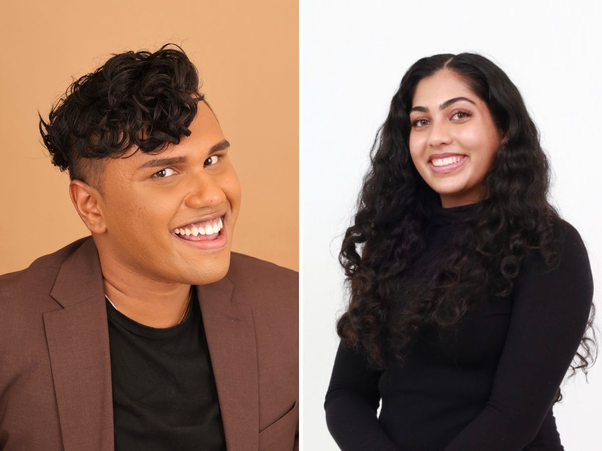 Split headshots, man with brown sports jacket on left and a woman with dark hair wearing a black turtleneck on the left